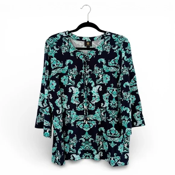 JM Collection 3/4 Sleeve Paisley Turquoise Lace-Up Tunic Top 1X – NWT - Picture 3 of 13